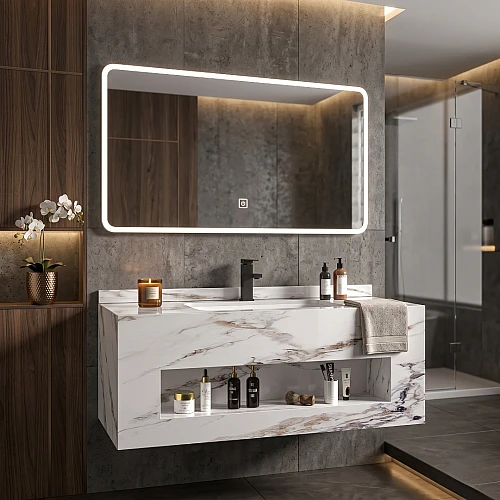 مغسلة سيراميك صندوق ابيض عروق رمادي بني مع مراية ليد مقاس 100*50 سم