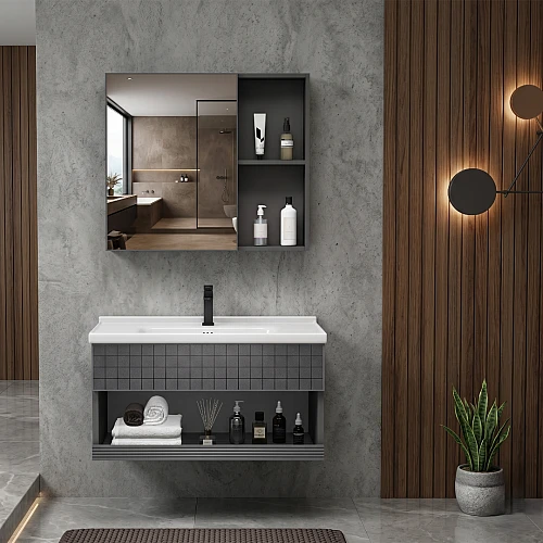 مغسلة المنيوم مع صيدليه اسود مع درج سحاب قطعتين مقاس 60 سم