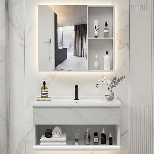  صورة مغسلة رخامي أبيض 60 سم حوض سيراميك مع صيدلية