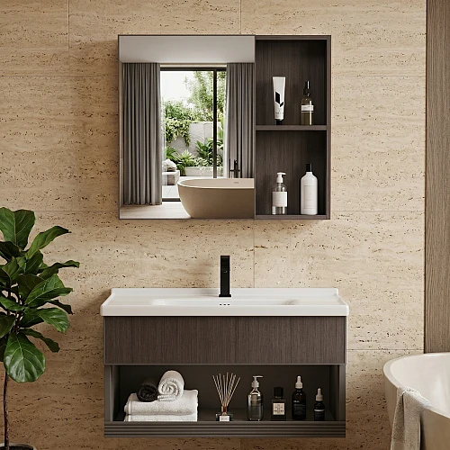 مغسلة المنيوم مع صيدليه بني غامق قطعتين مقاس 60 سم