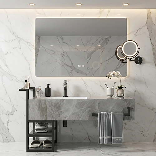 مغسلة سيراميك برفوف المنيوم - رمادي حجري مع مراية ليد قطعتين مقاس 100*50 سم