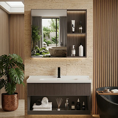 مغسلة المنيوم مع صيدليه بني غامق قطعتين مقاس 80 سم