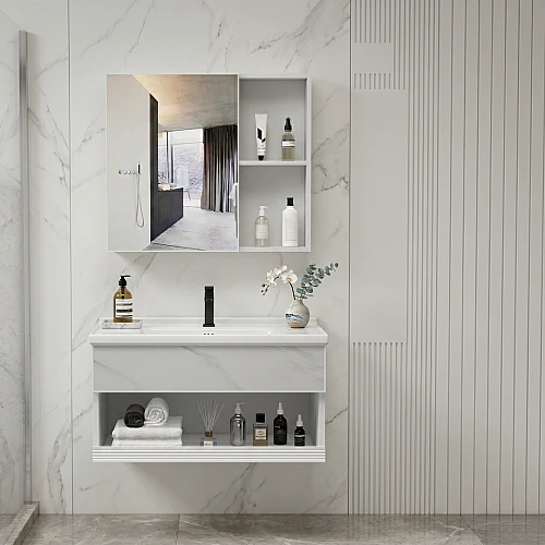 مغسلة المنيوم مع صيدليه ابيض عروق رمادي قطعتين مقاس 60 سم