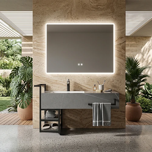 مغسلة سيراميك برفوف المنيوم - رمادي فاتح مع مراية ليد قطعتين مقاس 120*50 سم