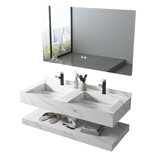 مغسلة سيراميك حوضين شلال دروين 50*120ابيض عروق رمادي مراية 3 قطع (هذا المنتج متاح في جدة و الرياض فقط)