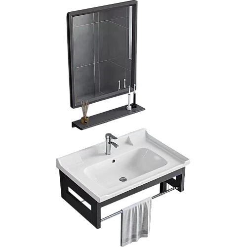 مغسلة المنيوم مع مراية مستطيل مع رف اسود قطعتين مقاس 60 سم