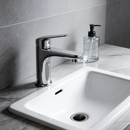 خلاط مغسلة قصير مستطيل كروم مع ليات و هراب