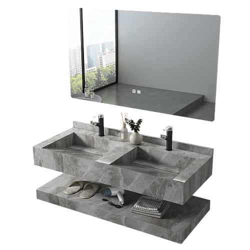 مغسلة سيراميك حوضين شلال دروين 50*120رمادي حجري مراية 3 قطع (هذا المنتج متاح في جدة و الرياض فقط)