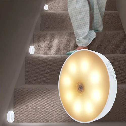 لمبة دواليب دائرية ذكية قابلة للشحن بحساس حركة وإضاءة بيضاء وصفراء