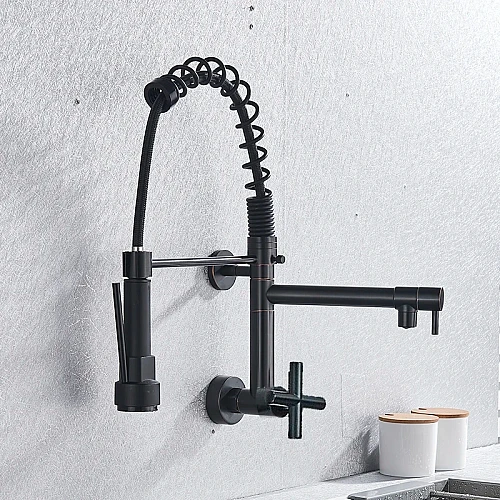 خلاط مطبخ (مجلى) جداري أسود بمخرجين (صباب متحرك + هوز سحاب) و 3 مفاتيح تحكم