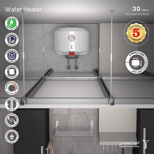 سخان ماء خزف عامودي 30 لتر عريض ضمان مصنع الخزف السعودي 5 سنوات