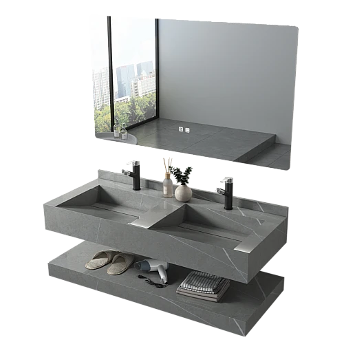 مغسلة سيراميك حوضين شلال دروين 50*120رمادي غامق مراية 3 قطع (هذا المنتج متاح في جدة و الرياض فقط)