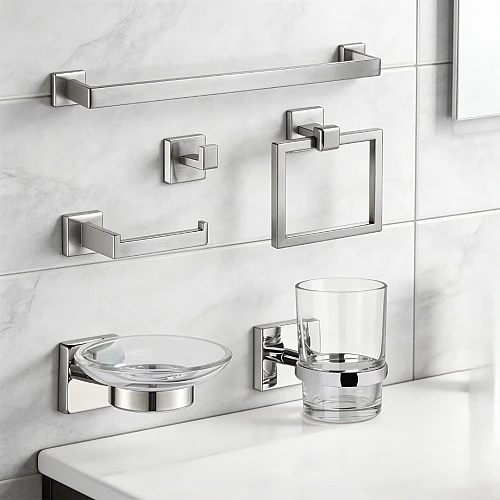 طقم إكسسوارات حمام مربع ستانلس ستيل 304 لون كروم فضي -  6 قطع