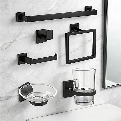 طقم إكسسوارات حمام مربع ستانلس ستيل 201 لون أسود مطفي -  6 قطع