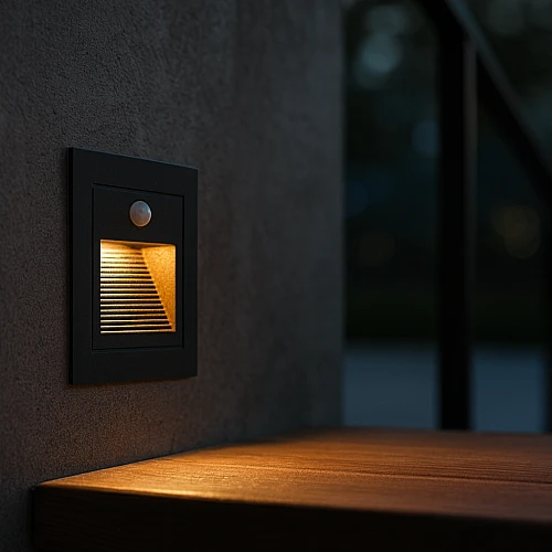 كشاف درج مع حساس حركة لون الانارة اصفر غطاء اسود مربع دفن 7*7 سم