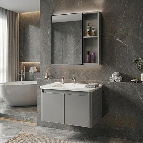 مغسلة مع صيدلية كاربون فايبر مع المنيوم رمادي قطعتين مقاس 80 سم