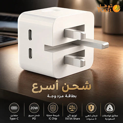 فيش توفل 20 واط أبيض منفذين تايب سي شحن سريع PD